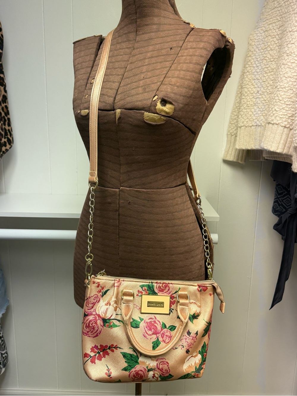 Betsey Johnson Floral Blush Pink & Green Crossbody Convertible Satchel Hand Bag